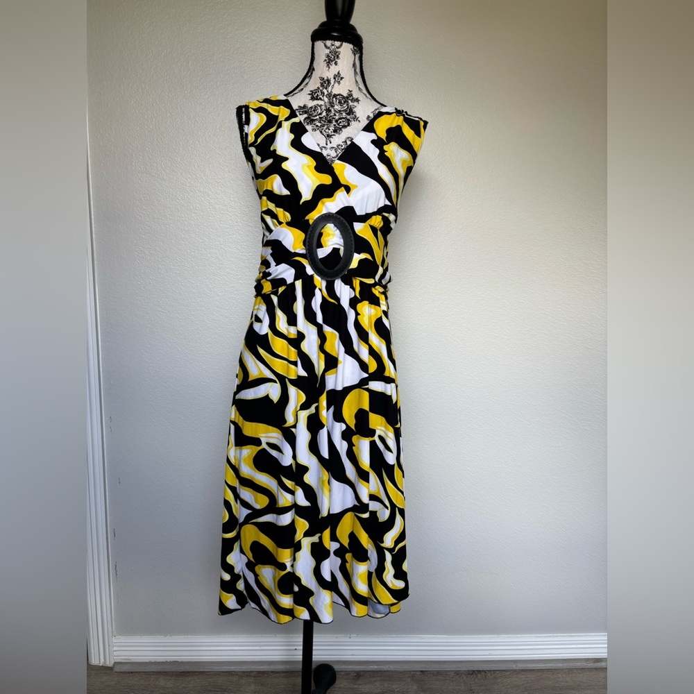 Jon & Anna Yellow Black White Abstract Print V-Neck Midi Dress - Picture 2 of 12